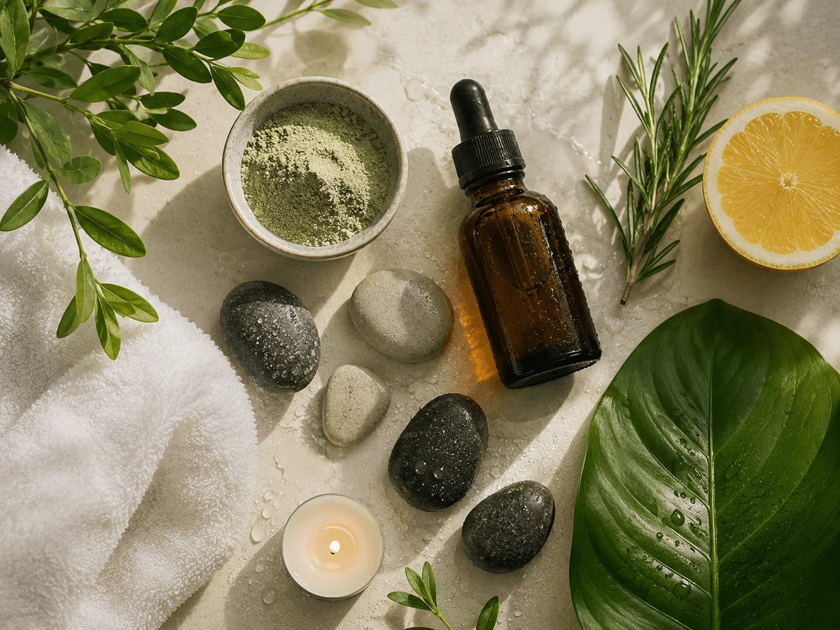 Aromatherapy setup with essential oil bottle, candle, stones, and herbs on a textured surface.