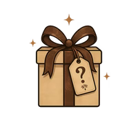 A cartoon-style beige gift box with a dark brown ribbon and bow, plus a hanging tag with a question mark, on a white background with small star accents.